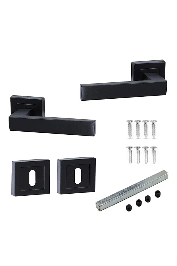 Mat Siyah Kare Rozetli Oda Kapı Kolu ( 1 Takım=2 Adet Kapı Kolu 2 Adet Alt Rozet )